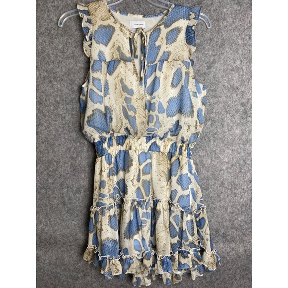 Adrienne Sleeveless Blue White Mini Dress Snake Print Ruffle Trim Tiered M - Picture 1 of 8